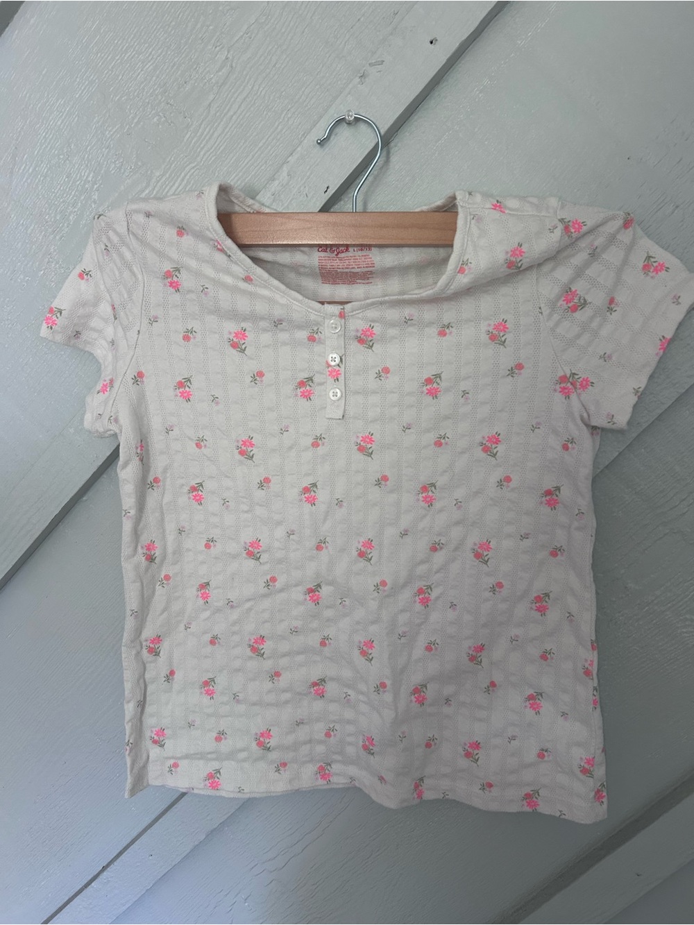 Cat & Jack Cream Short-Sleeve Henley with Pink Floral Print